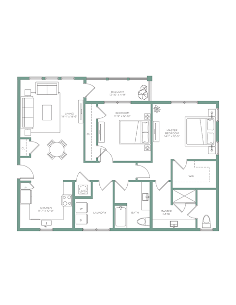 Floor plan for 2 beds, 2 baths, 1353 sqft